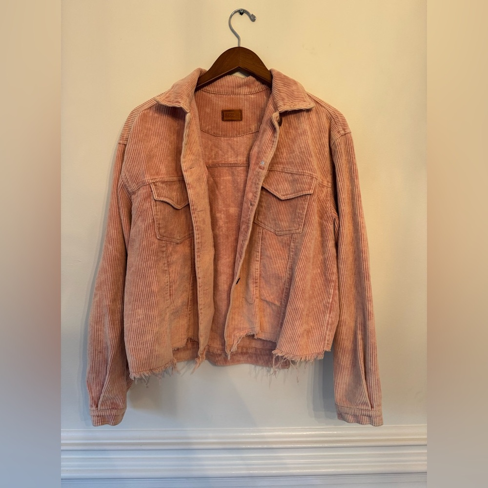 Pink Corduroy Distressed Hem Cropped Jacket